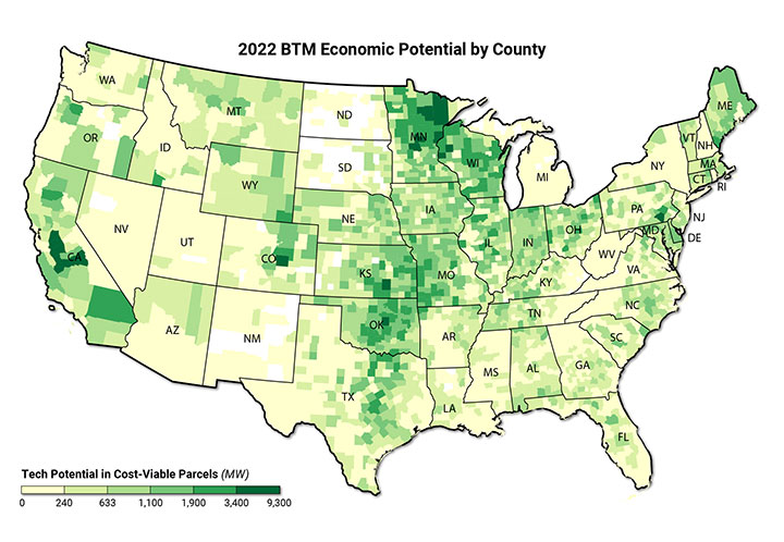 behind-the-meter-2022 U.S. map graphic using yellow and green shades to show economic potential for front-of-the-meter wind applications. Darker greens indicate higher potential, concentrated in the Midwest, Heartland, East, and interior West.