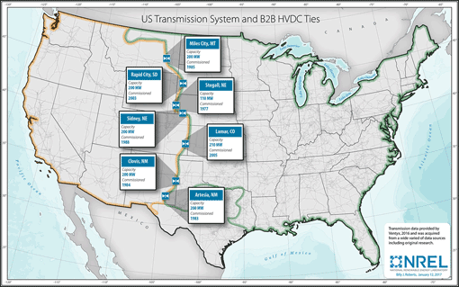 Graphic of a map of the U.S. Transmission system, showing transmission 